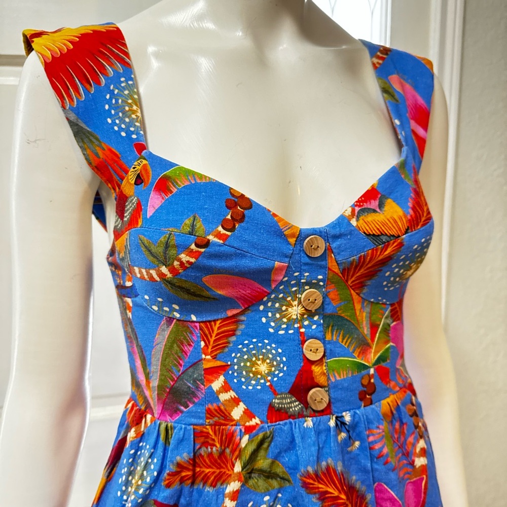 FARM RIO 100%Cotton Macaw Tropical Blue Floral Party Mini Dress Size XS - Picture 8 of 14